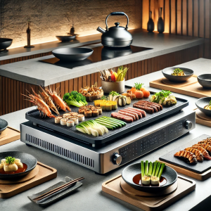 DALL·E 2024-08-31 18.34.09 - A sophisticated kitchen scene featuring a variety of dishes prepared on a Japanese Tepan grill, including seared meats, vegetables, and seafood, all b